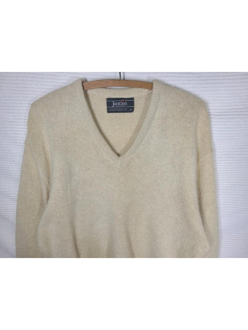 Vtg Mens Sweater Knit V Neck Jantzen 70% Wool Blend Large Beige Retro Neutral - Picture 5 of 9